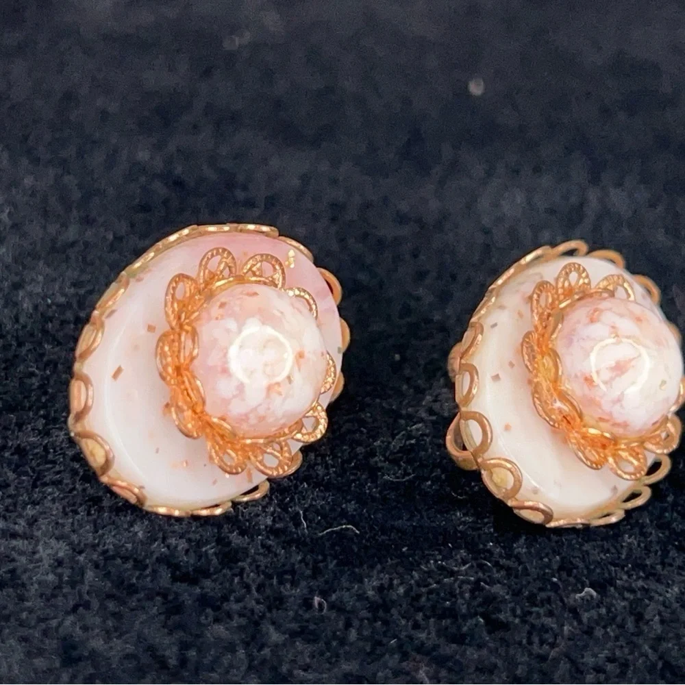 Vintage Ivory White Pink Copper Clip On Earrings Event Wedding